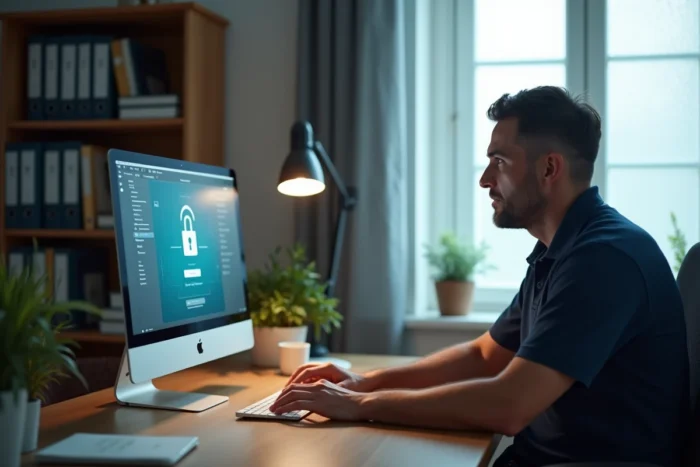 Homme en télétravail accédant à son espace personnel extranet depuis un bureau à domicile