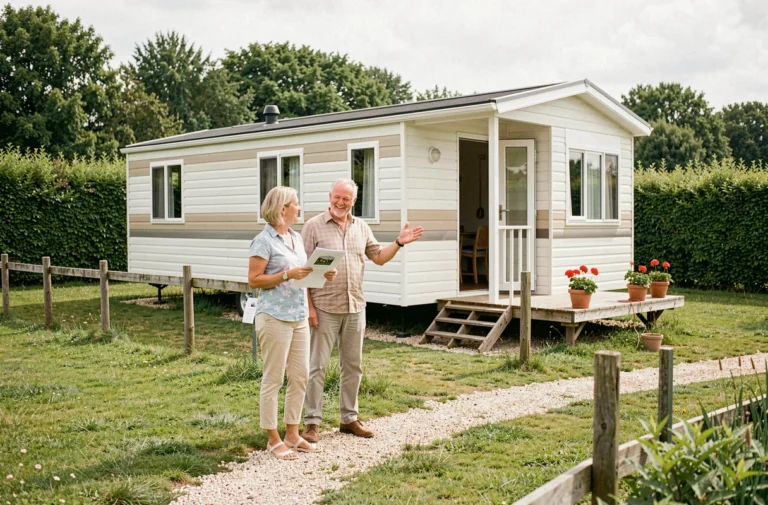 Couple propriétaire devant un mobil-home sur une parcelle de terrain privée en Vendée avec haies et terrasse bois