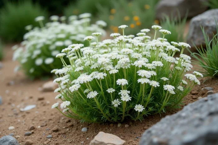 Achillée millefeuille formant une couverture dense sur un sol rocailleux sec avec enracinement profond