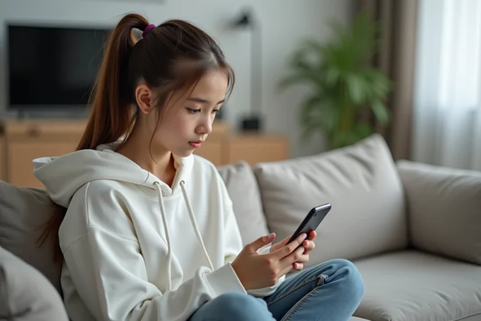 Adolescente assise sur un canapé lisant un SMS sur Samsung avec un mot souligné visible à l'écran