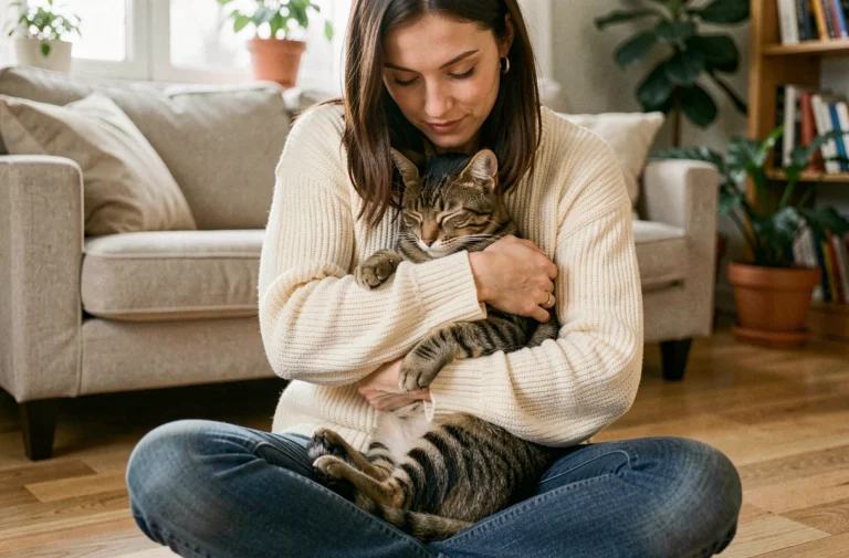 Femme adoptant un jeune chat tigré dans un appartement chaleureux, tenant doucement l'animal contre elle