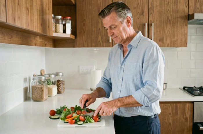 Homme préparant une salade fraîche et colorée dans une cuisine moderne pour illustrer une alimentation saine