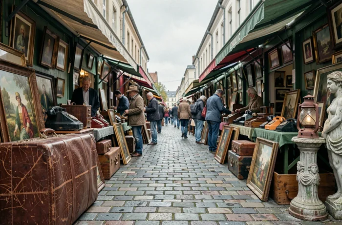 Allée extérieure animée entre les stands d'antiquités du marché aux puces de Clignancourt Paris