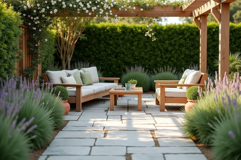 Terrasse en pierres naturelles aménagée avec pergola en bois, mobilier de jardin en teck et bordures de lavande dans un jardin résidentiel bien entretenu