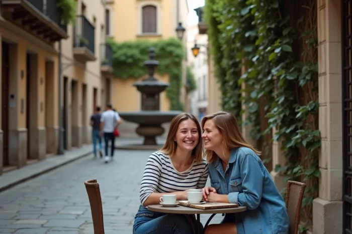Deux amies riant autour d'un café en terrasse sur une place cachée du centre historique, guide touristique sur la table