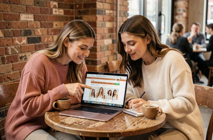 Deux amies qui planifient leurs achats beauté en ligne ensemble dans un café urbain