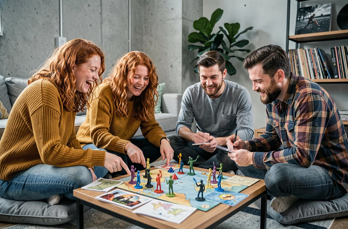 Groupe d'amis adultes jouant à un jeu de société créatif avec des figurines peintes dans un appartement moderne