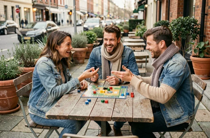 Groupe d'amis jouant à un jeu de société en terrasse, idée tendance de loisir social et convivial