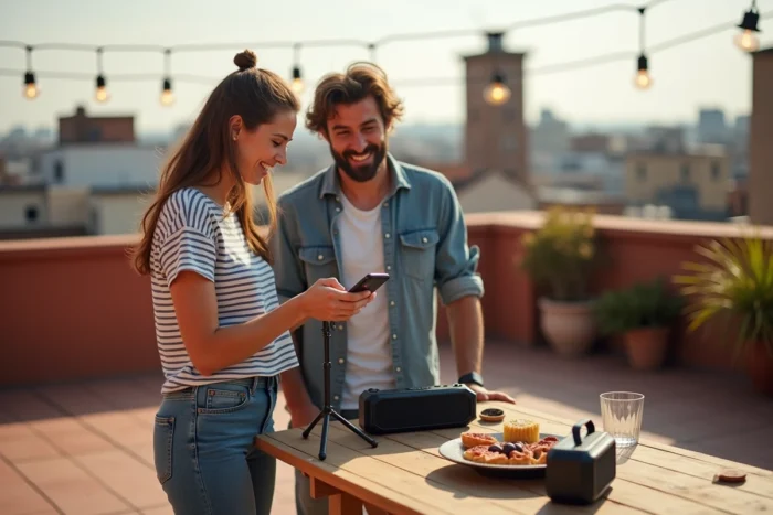 Deux amis synchronisant des enceintes Bluetooth portables en terrasse lors d'une réunion estivale en plein air
