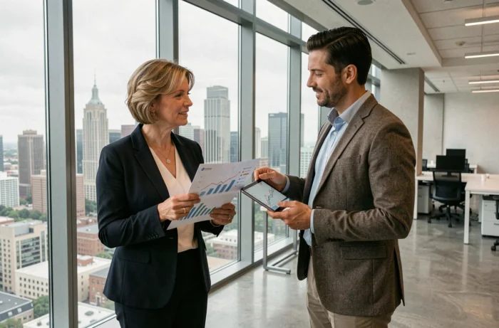 Deux professionnels de la finance analysant les dernières tendances bancaires dans un bureau contemporain avec vue sur la ville