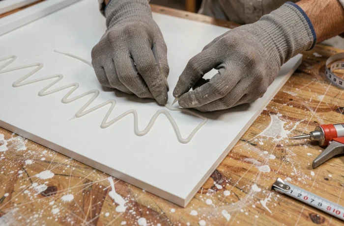 Application de colle au dos d'un panneau Vipanel avant fixation murale sur établi de chantier