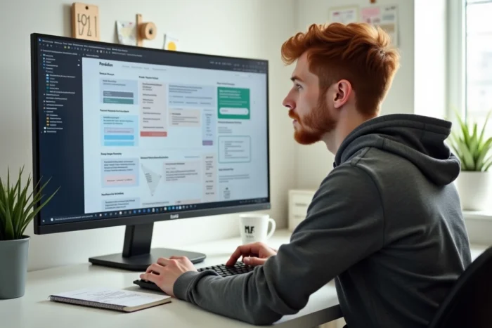 Un développeur web analyse un diagramme d'architecture de site web sur un écran ultrawide dans un bureau minimaliste à domicile