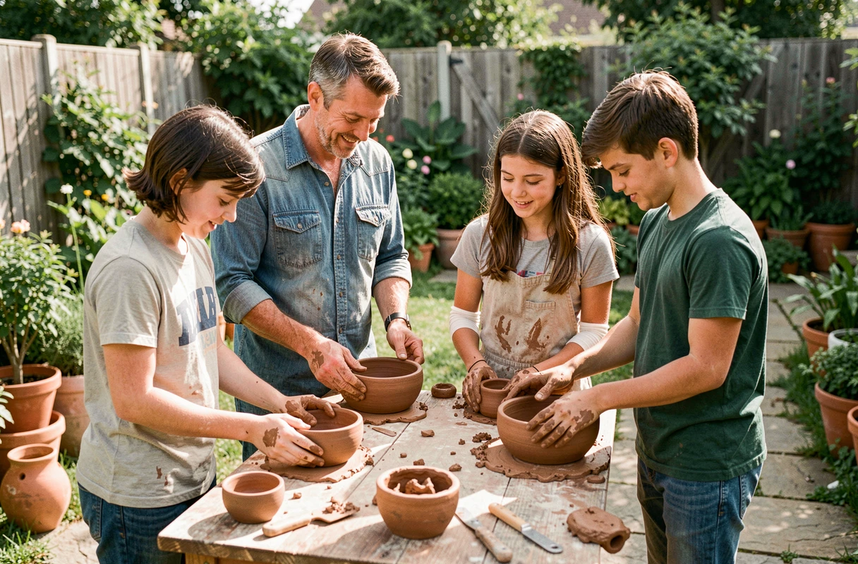 Famille participant à un atelier de poterie en plein air dans un jardin verdoyant avec de l'argile brute sur un établi en bois