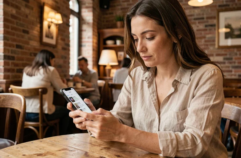 Femme consultant des avis clients sur son smartphone dans un café parisien, illustrant la lecture d'avis sur la boutique Lucie Roussel