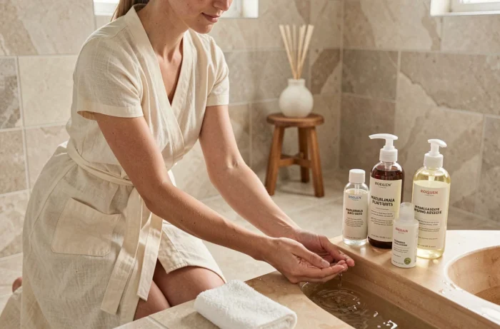 Jeune mère préparant le bain de bébé avec des produits naturels et biologiques dans une salle de bain saine et épurée