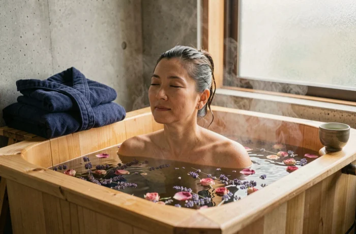 Femme se détendant dans un bain japonais en bois de cèdre avec des pétales de lavande et de rose flottant sur l'eau dans une salle de bain minimaliste de spa