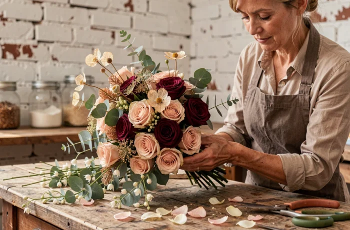 Fleuriste arrangeant un bouquet de mariée tendance avec roses garden, lunaria séchée et jasmin dans un atelier rustique, inspiration florale mariage