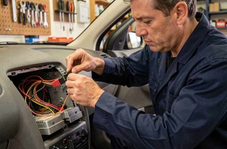 Technicien automobile branchant un faisceau de fils colorés derrière un autoradio Peugeot 206 dans un atelier