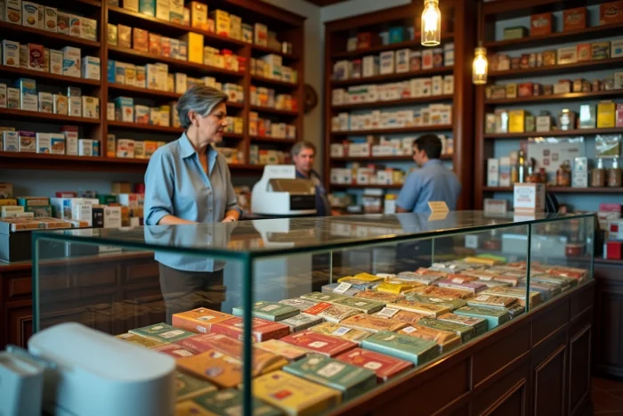 Intérieur d'un bureau de tabac italien avec des paquets de tabac à rouler en vitrine