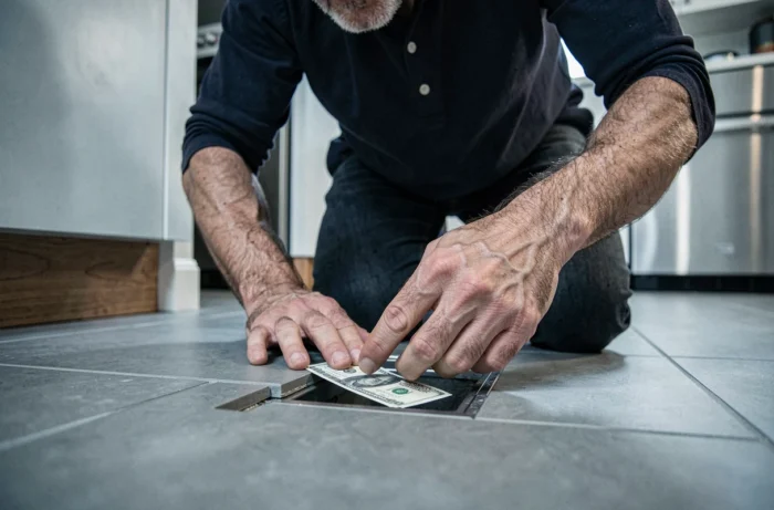 Homme dissimulant une enveloppe d'argent sous un carreau de cuisine, cachette secrète originale pour protéger ses objets de valeur