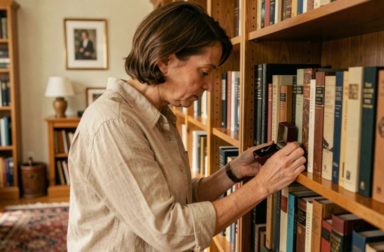 Femme cachant une boîte à bijoux derrière des livres sur une étagère en bois, idée de cachette secrète à la maison