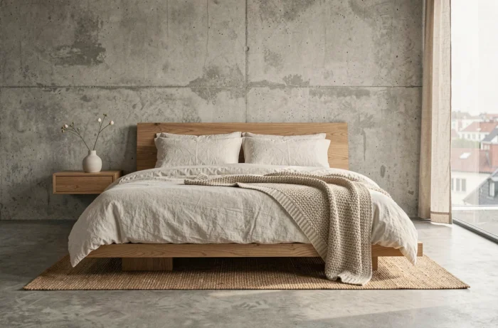 Chambre minimaliste avec lit plateforme en chêne, linge de lit en lin froissé et mur en béton brut pour une déco 2024 épurée