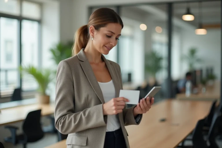 Femme tenant une nouvelle carte de visite dans un espace de coworking moderne, illustrant un changement de nom d'entreprise