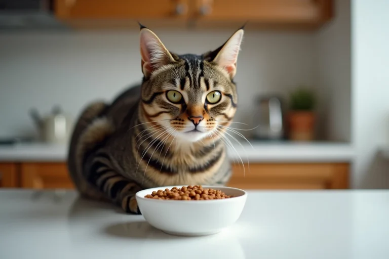 Chat adulte tabby mangeant de la nourriture humide Sheba dans un bol en céramique sur un plan de travail de cuisine domestique