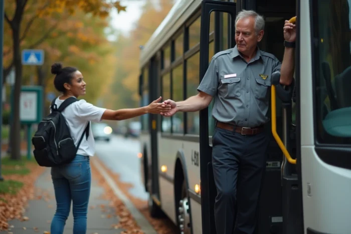Chauffeur de bus professionnel en uniforme accueillant un passager à l'entrée d'un bus urbain dans une rue résidentielle en automne