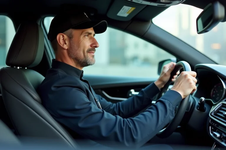 Chauffeur professionnel en uniforme navy au volant d'une berline de luxe moderne en milieu urbain