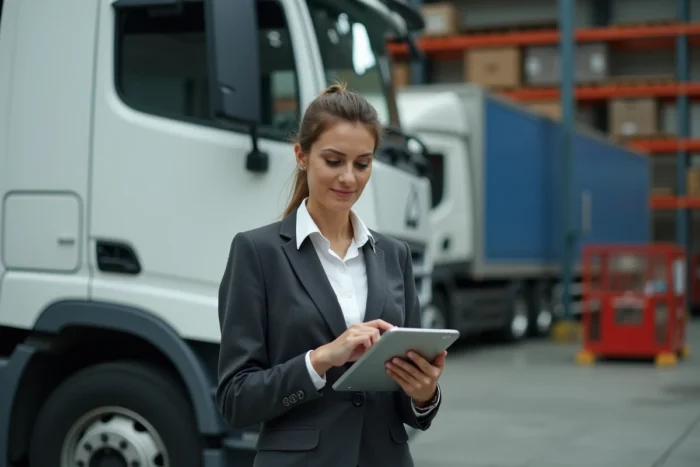 Chauffeuse professionnelle en tenue de travail consultant une tablette près d'un camion de livraison dans un entrepôt logistique