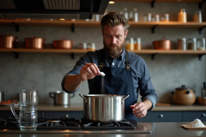 Chef mesurant le sel dans un pichet d'eau gradué au litre à côté d'une grande casserole en acier inoxydable