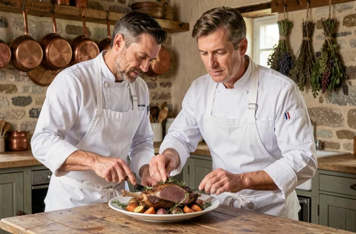 Chef cuisinier français dressant un plat d'agneau rôti aux herbes pour un menu de Pentecôte dans une cuisine de ferme