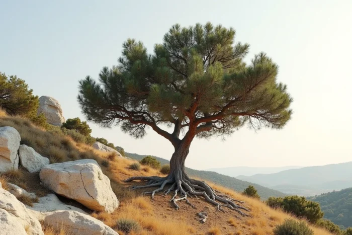 Chêne pubescent enraciné dans un sol sec et rocailleux calcaire de garrigue méditerranéenne