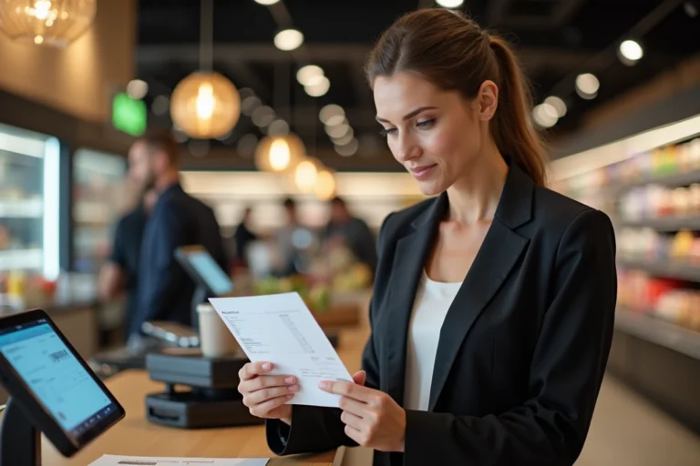 Femme examinant un chèque différé à la caisse d'un supermarché Cora en 2026