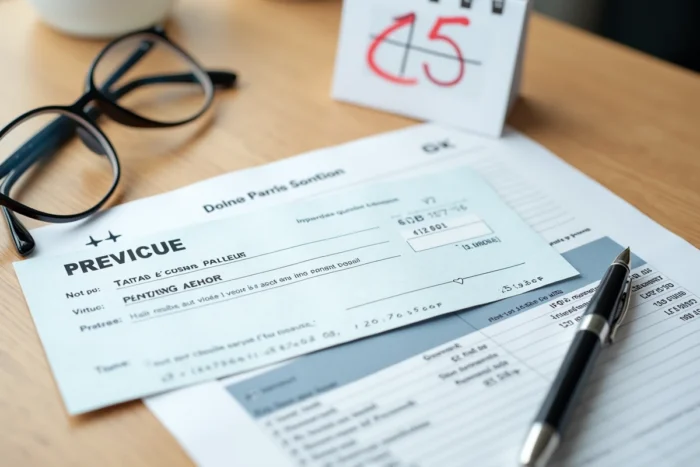 Vue aérienne d'un chèque différé, relevé bancaire et calendrier pour planifier un paiement Cora 2026