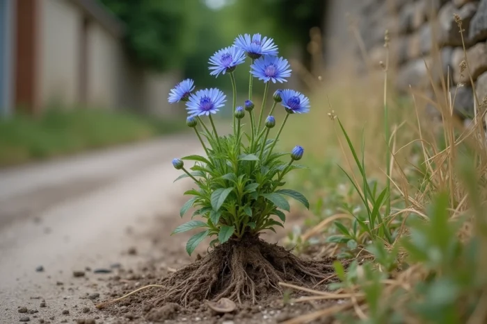 Chicorée sauvage aux fleurs bleues avec sa racine pivotante profonde dans un sol argileux lourd