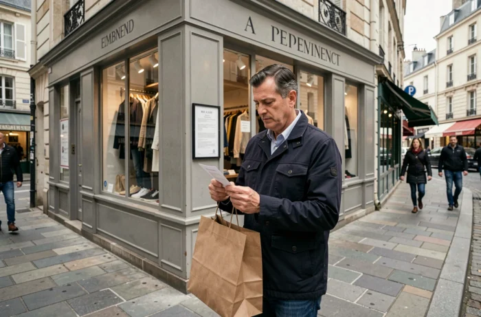 Client masculin devant une boutique de mode indépendante tenant un sac et examinant son reçu, symbolisant l'expérience d'achat et les avis consommateurs