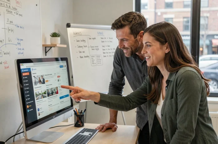 Deux collègues analysant ensemble les résultats d'un annuaire professionnel en ligne pour améliorer la visibilité de leur entreprise