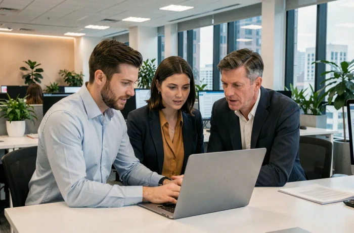 Collègues au bureau discutant des dernières tendances et actualités autour d'un ordinateur portable