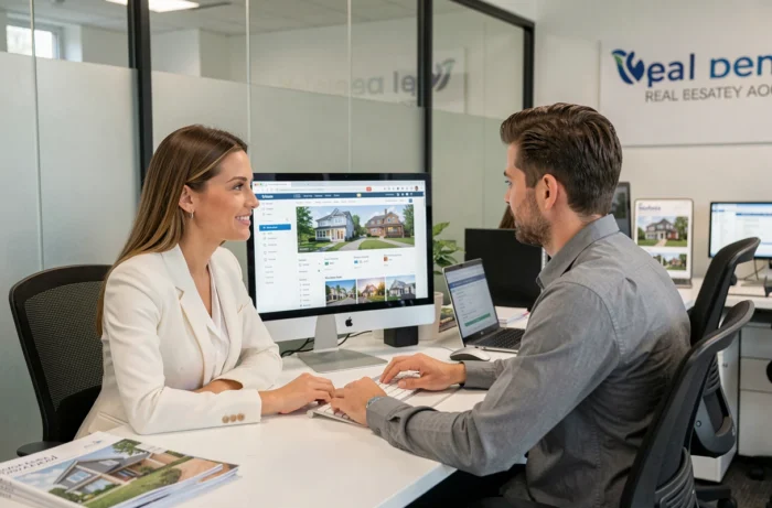 Deux collègues explorant les pages d'un site immobilier dans une agence moderne