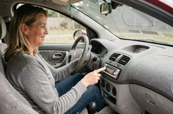 Conductrice utilisant les commandes au volant d'une Peugeot 206 avec autoradio aftermarket installé sur le tableau de bord