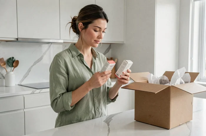 Femme comparant des produits de beauté reçus en livraison à domicile dans une cuisine moderne