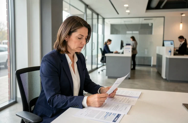 Conseillère bancaire professionnelle analysant des documents financiers dans une agence bancaire moderne