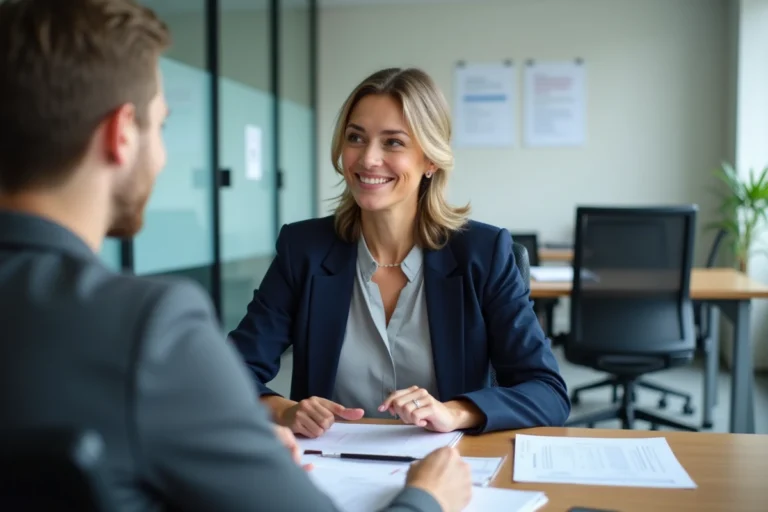 Conseillère Pôle Emploi expliquant les droits et obligations à un demandeur d'emploi dans un bureau moderne