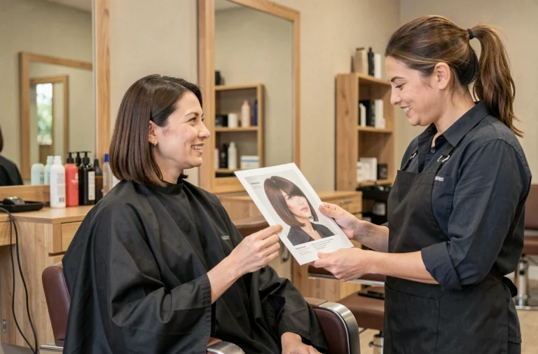 Femme aux cheveux mi-longs consultant une coiffeuse dans un salon moderne pour choisir la coupe parfaite selon la forme de son visage