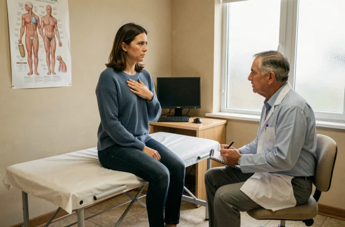 Patiente décrivant une douleur thoracique à son médecin généraliste lors d'une consultation