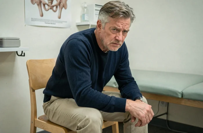 Homme d'âge mûr assis sur une chaise dans un cabinet de kinésithérapie, illustrant une consultation pour douleurs aux fesses et douleur ischiatique