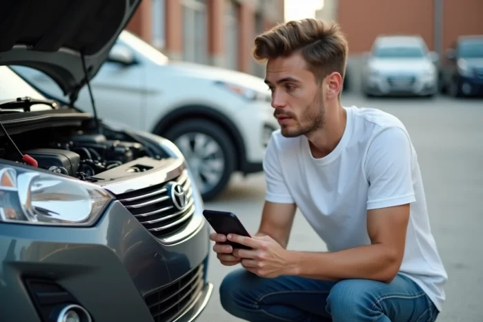 Jeune homme consultant une revue technique automobile PDF sur smartphone devant le capot ouvert d'une voiture