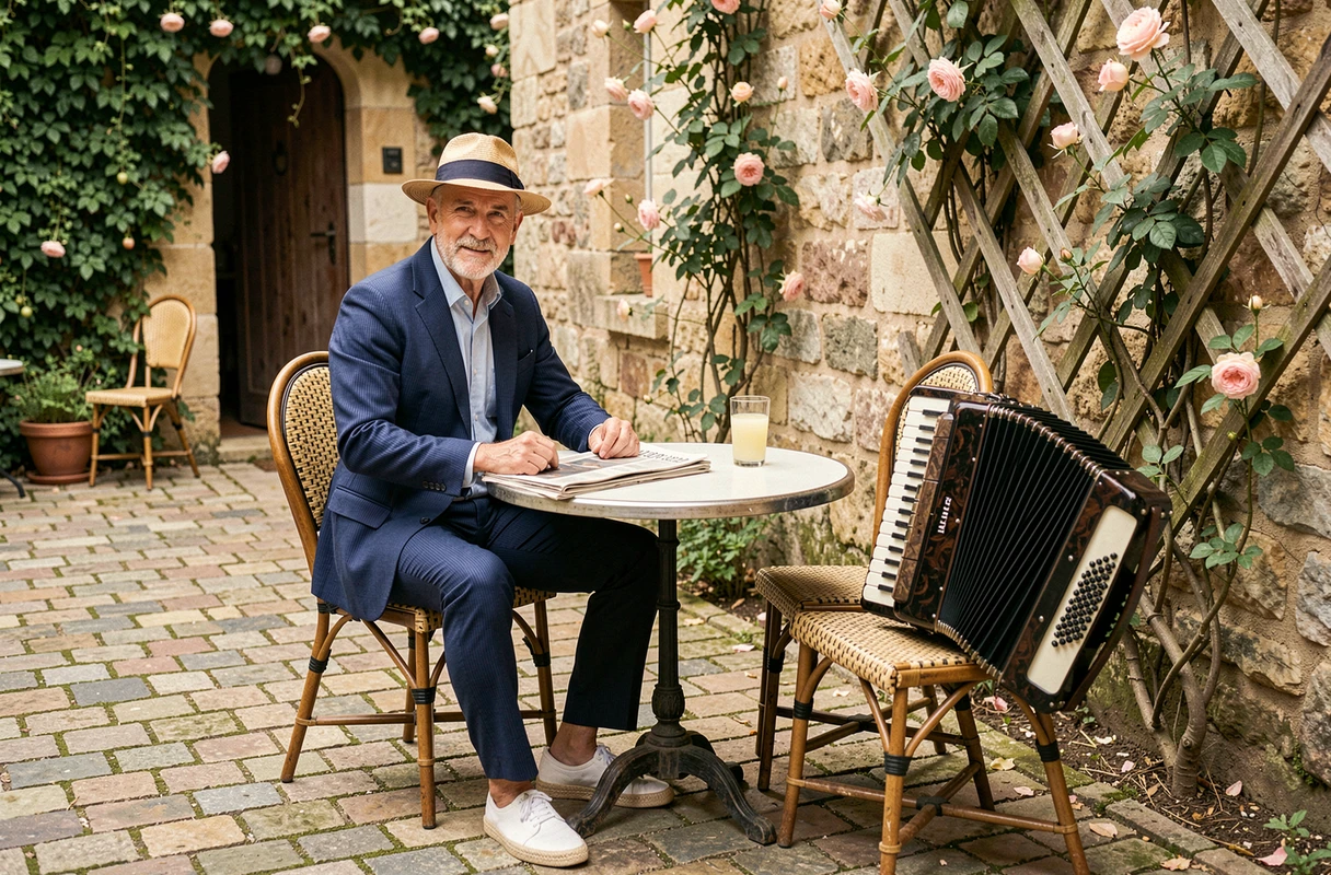 Homme en costume seersucker bleu marine et chapeau canotier attablé à une terrasse guinguette rétro française